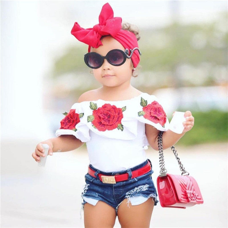 Summer Baby Kids Girls Clothes 3D Flower print sleeveless Ruffle round neck pullover T-Shirts Denim Hole Pants 2pc cotton Set